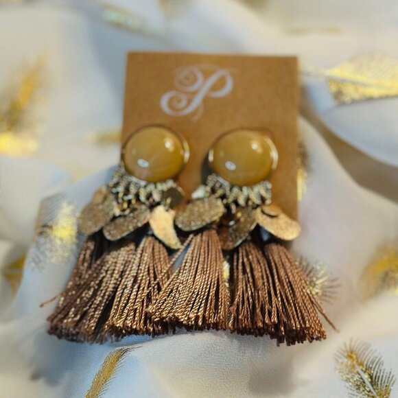 Boho Earrings | Gold Tone with Gold Color Stone | Tassel/Fringe  | Pierced - Picture 1 of 5